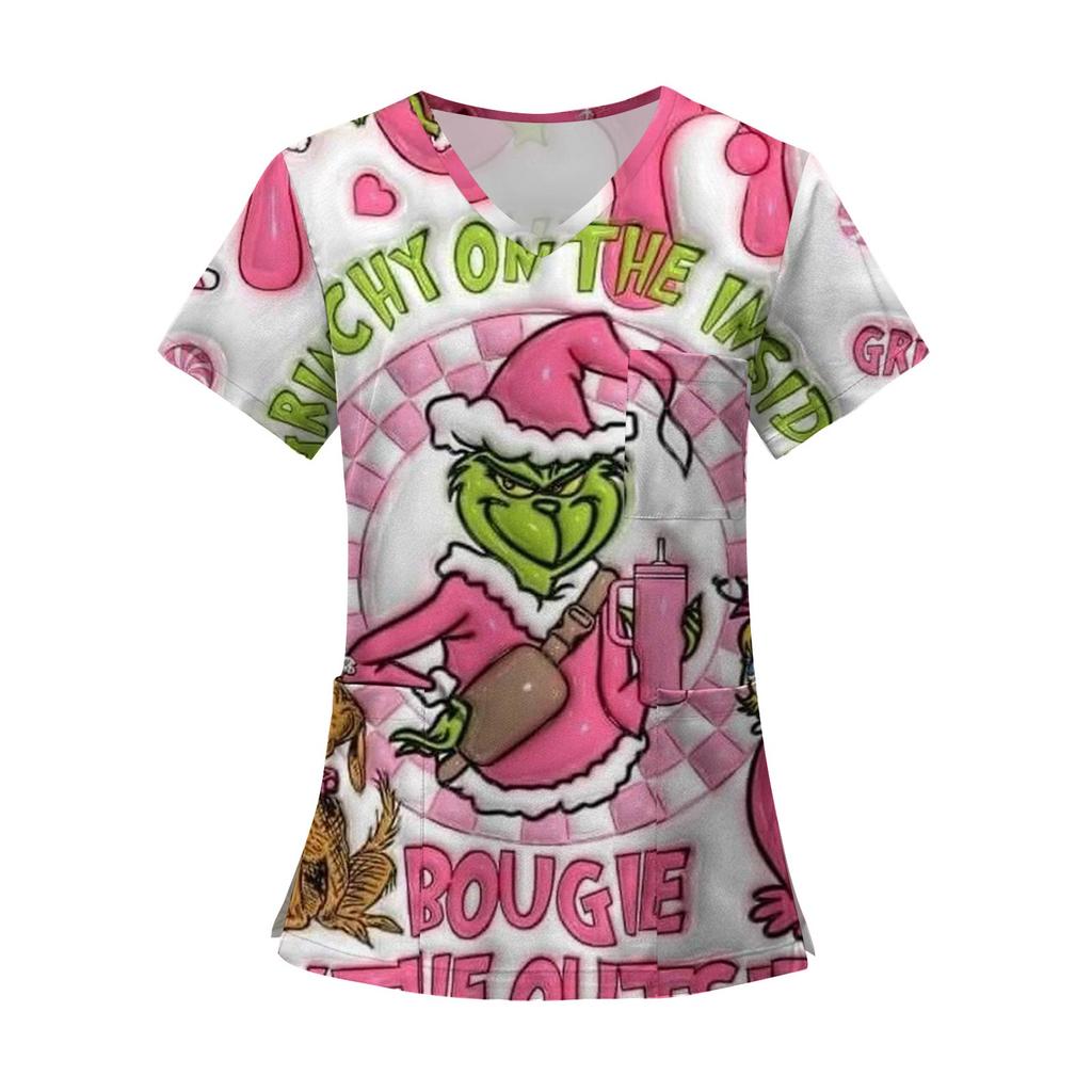 Damenmode Bedruckte Kurzarm-Oberteile mit V-Ausschnitt und Muster, Taschen, Arbeits-T-Shirts