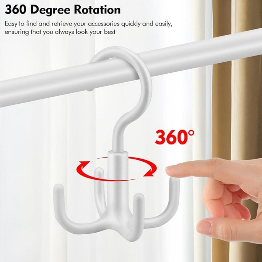 4 Pack 360 Rotatable Belt Hanger, Closet Rod Hooks with 4 Hooks for Belt, Tie, Hat, Scarf, Bag, Bra, Tank Top - White