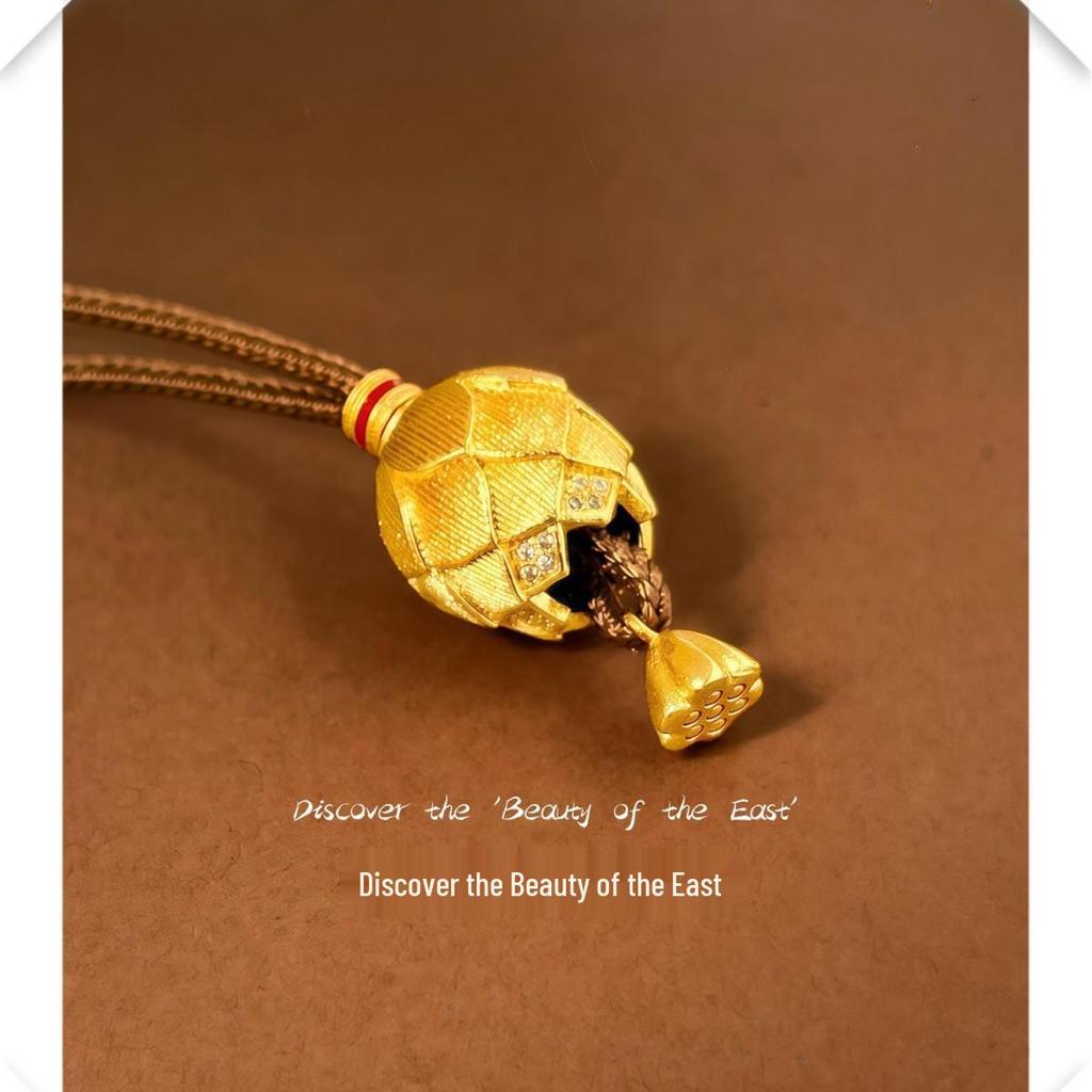 Gold-Plated Lotus Pod Pendant Necklace with Diamond Accents - Women's National Style