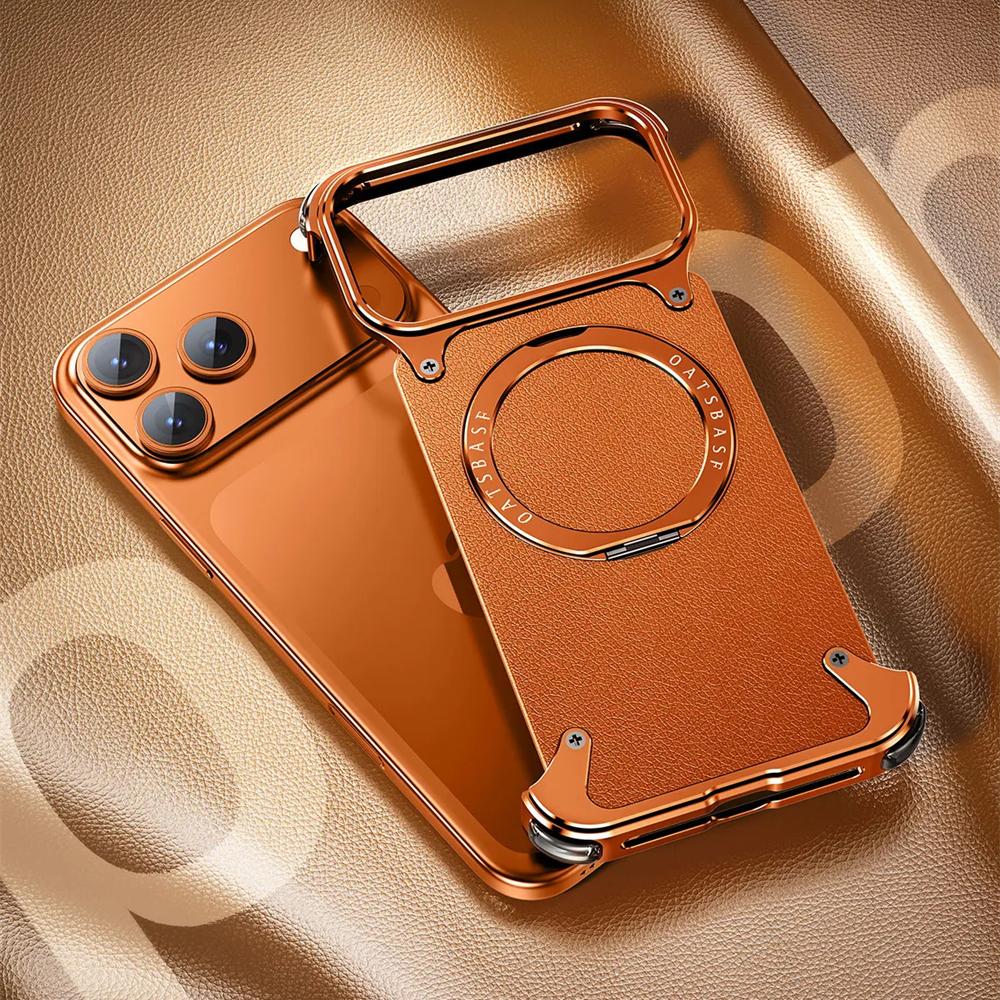 Luxury Genuine Leather Phone Case for iPhone 17 16 15 14 13 Pro Max Magsafe Magnetic Shockproof Bumper Cover With 360° Rotatable Ring Stand