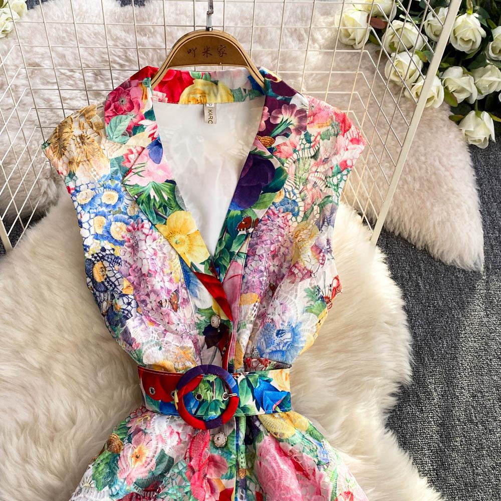Vacation-style Dress Spring Suit Collar Women's Dress Cinched Waist Elegant Lace Printed Dress