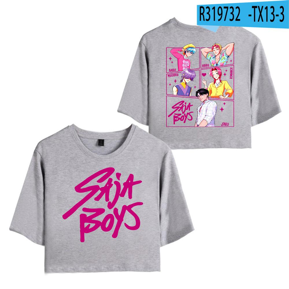 

K-pop Охотники на демонов Футболка Кот Дерпи Принт Женские укороченные топы Мода Saja Boys Футболка с логотипом Девушка Футболка с круглым вырезом и коротким рукавом XXL серый