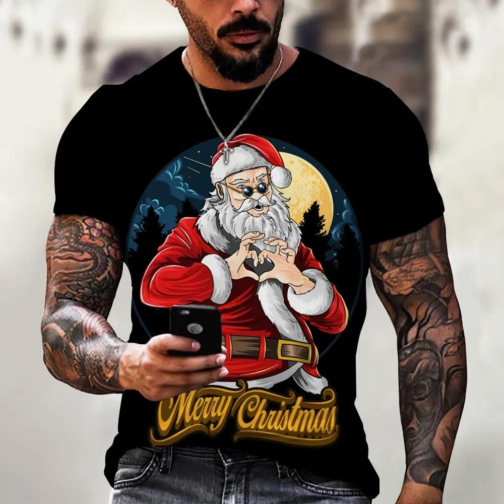 Men's Casual Short-Sleeve T-Shirt with Santa Print, Fashionable Crew Neck Top, Loose T-Shirt, New Year Gift