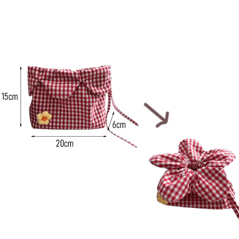 Korean Style Plaid Drawstring Crossbody Bag Large Capacity Canvas Floral Handbag Lightweight for Women Daily Travel Storage Bag