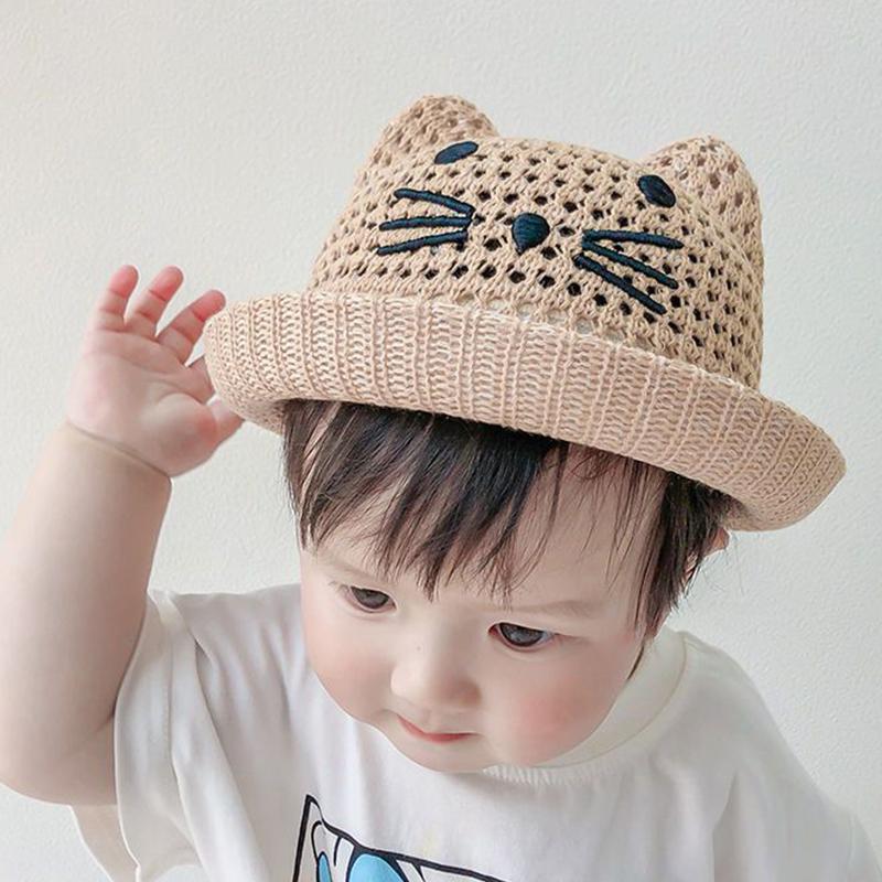 

Summer Baby Fisherman Cap Cute Cartoon Cat Boy Girl Bucket Hat Outdoor Breathable Mesh Kids Panama Sun Hats 48CM fit 6-20M