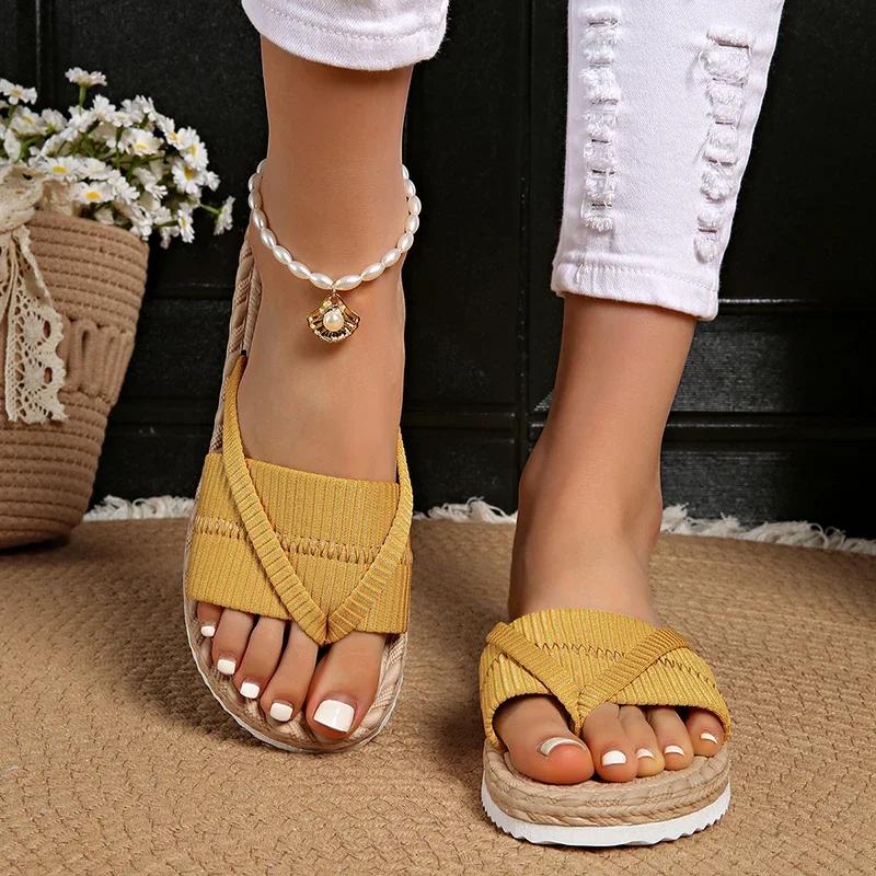 Mode Sommer Damen Schuhe Leichte Zehensteg Flache Hausschuhe für Damen Lässige Elastikband Flip Flops Damen Sandalen Stil Strand Rutschfester Schuh