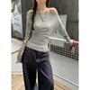 Autumn Winter Sexy Fashion Off the Shoulder Solid Waist Shirring Irregular T-shirt Women Long Sleeve Pullover Tee Top