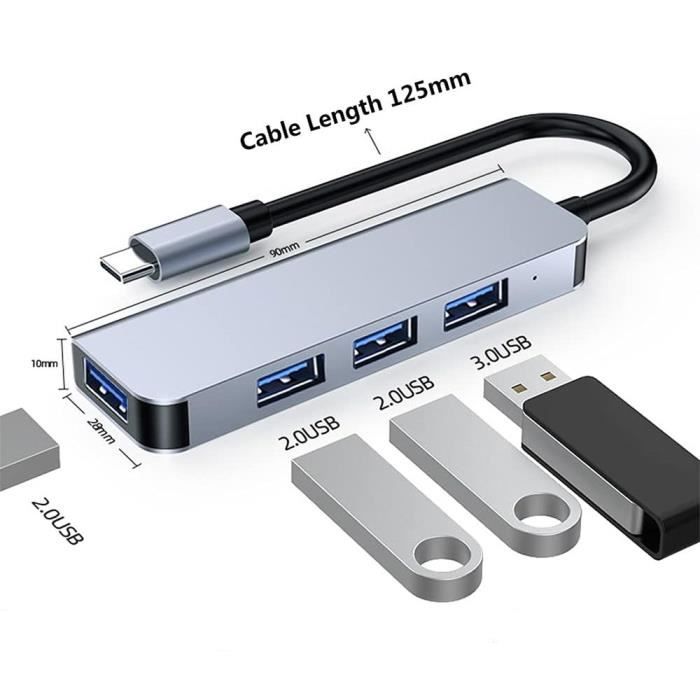 4-in-1 USB-C Adapter Hub - BOOLING - MacBook Air-Pro iMac - 1 USB 3.0 - 3 USB 2.0 - Gray Aluminum