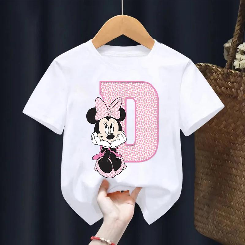 Top Stampato Cartone Animato Disney Minnie Mouse T-shirt con Lettere per Bambina Manica Corta Carina