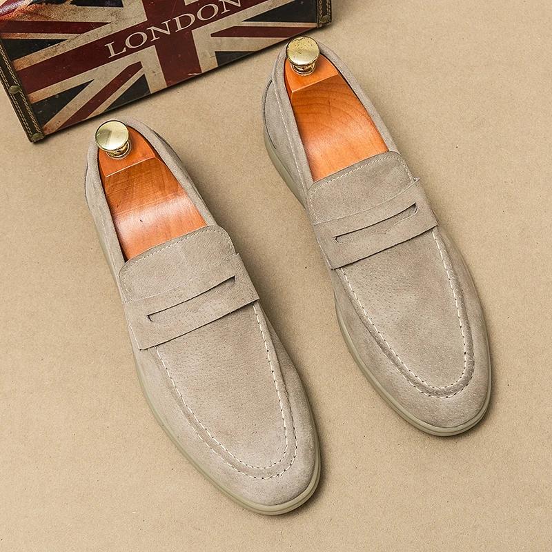 Britain Retro Men Pointed Suede Flats Genuine Leather Shoes Man Casual Penny Loafers Formal Dress Footwear Shoes for Men
