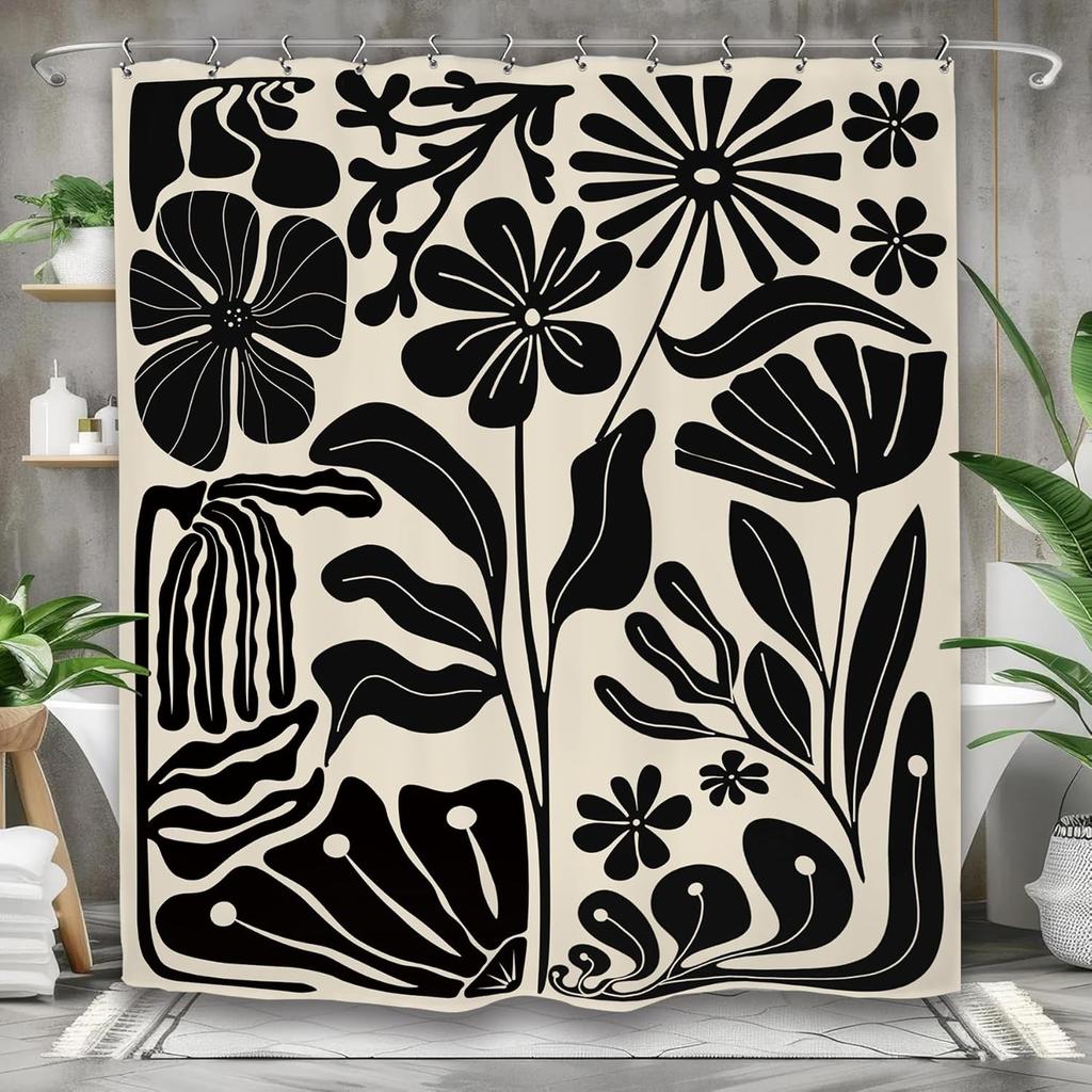 Abstract Black Shower Curtain Modern Minimalist Contemporary Geometric Line Neutral Bathroom Set Accessories Decor With