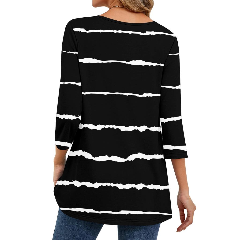 Damen Tops V-Ausschnitt Dreiviertelärmel Gestreift Plissee Casual Sommermode Shirt Tops