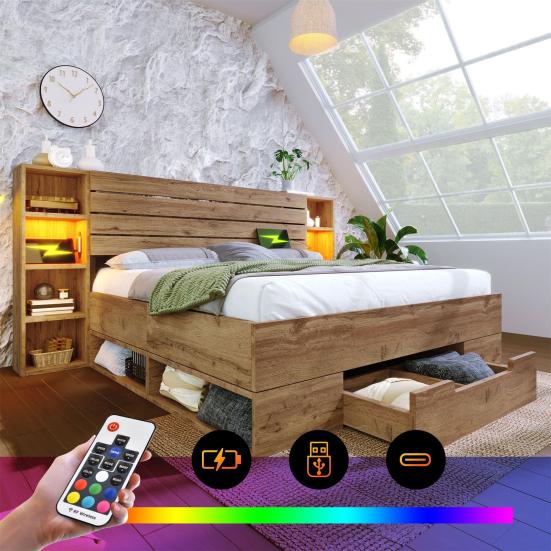 Double Bed High Durability Spacious Storage Space Sturdy Construction Built-in Charger Heavy Duty Strong Wood Slat Support Bed for