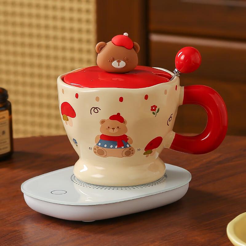 Cute Bear Ceramic Mug with Lid, Spoon and Warmer