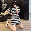 Women's Plus Size Summer Casual Sports Set - Striped Short Sleeve & Shorts