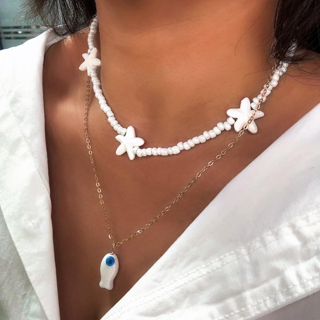 European, American Bohemian vacation style ceramic small fish collarbone chain stacked multi-layer beaded starfish necklace