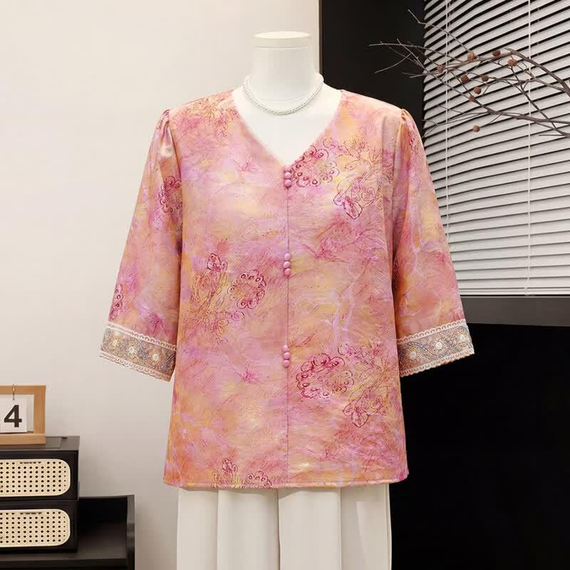 Datang Furen New Chinese Style V-Neck Lace Sleeve Shirt for Mid-Aged Women 2XL