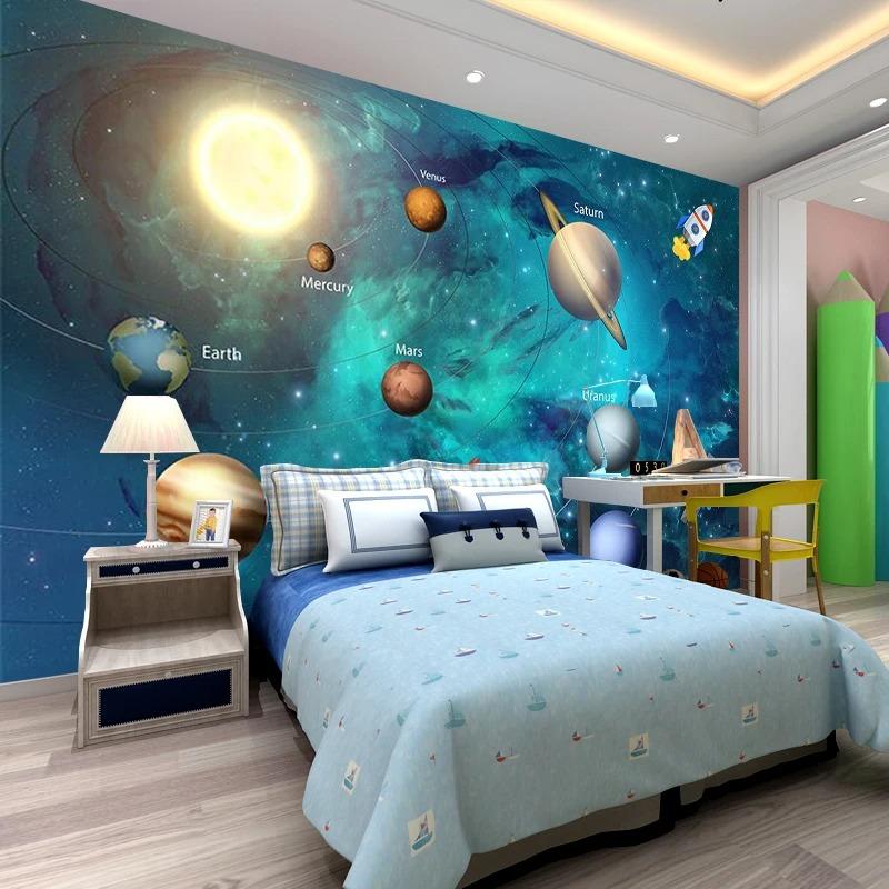 Weltraum Universum 3D Tapete Kinderzimmer Schlafzimmer Sternenhimmel Planet Tapete 3D Stereo Cartoon Wandbild 3D Fresko