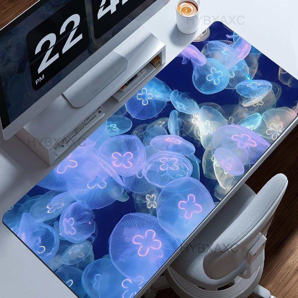 Long Hair Lady Mouse Pad Light Blue Jellyfish Large Mousepad Computer Keyboard Pad With Nonslip Rubber Base Stitched Edge Gift