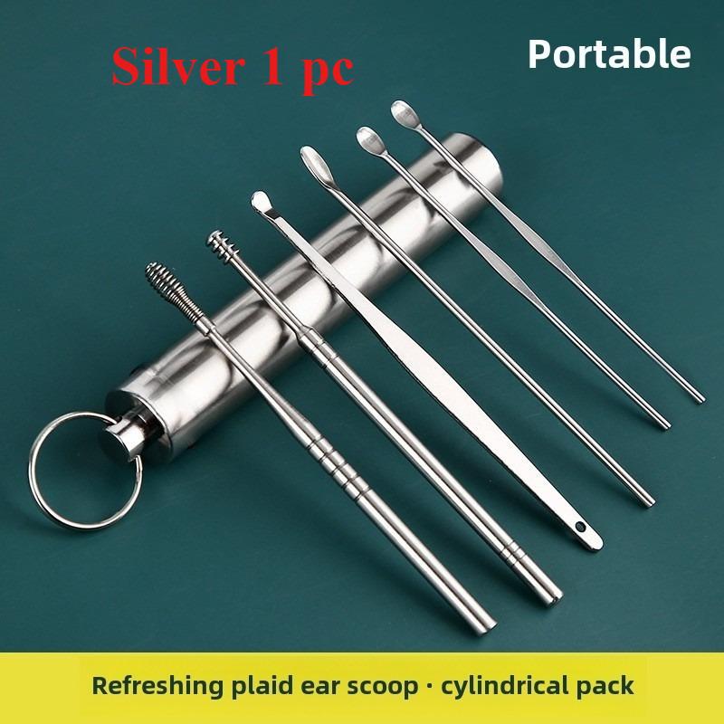 1PC 6-piece Set of Ear Digger Stainless Steel Ear Wax Ear Wax Collector Screw Rotating Ear Pick Ear Digger Ear Cleaning Tool Set