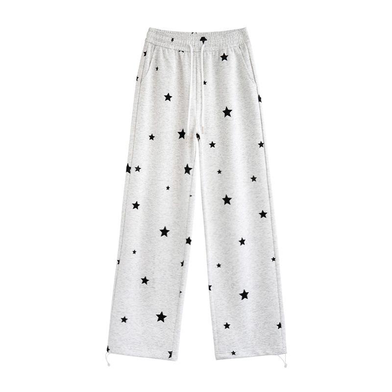 White wide-leg pants sweatpants autumn and winter new printed star trousers high waist loose walking casual straight pants