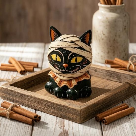 Cute Desktop Decoration Vintage Halloween Wooden Figurine, Rustic Witch Zombie Cat Owl Frog Tabletop Home Shelf Accents Ornament, Farmhouse