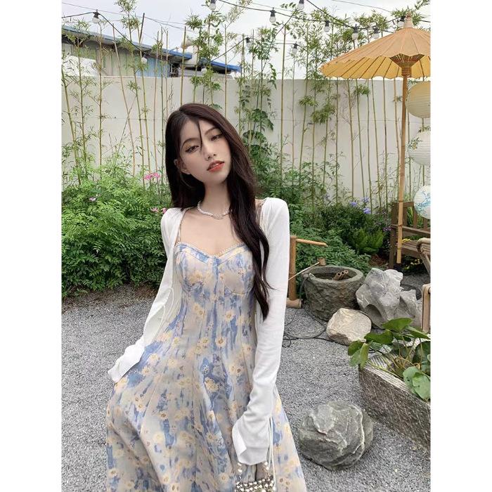 Women s Summer Floral Strappy Long Dress - French Blue Oil Painting Beach Vacation Dress S
