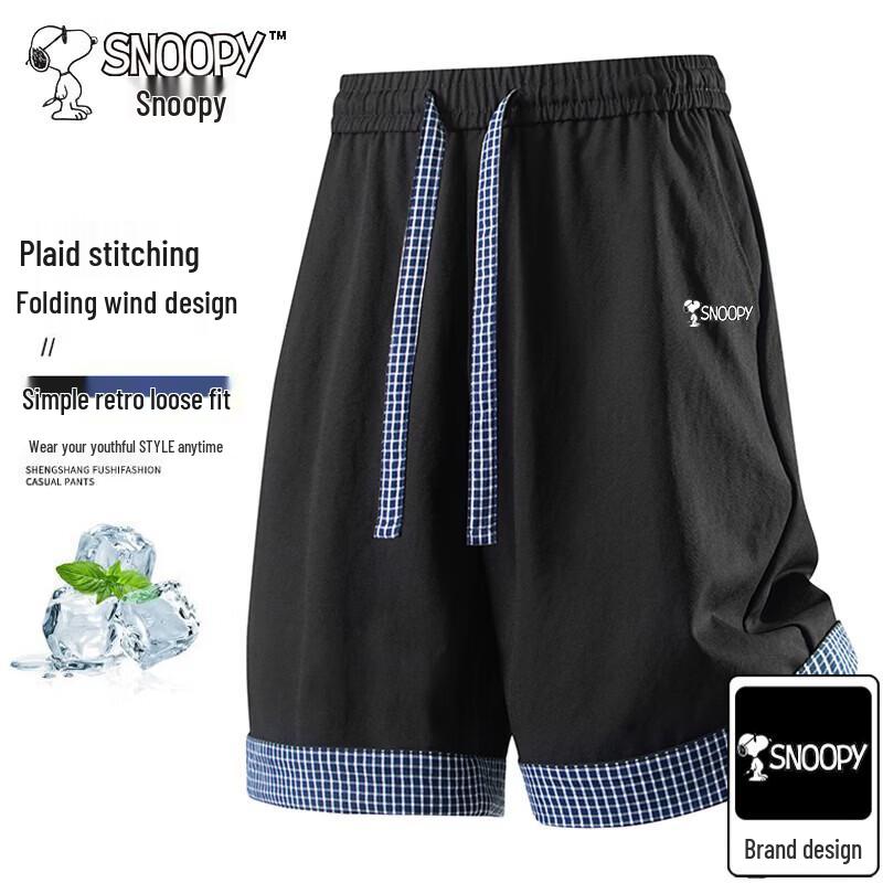 Snoopy Men s Summer Plaid Patchwork Casual Shorts XL чёрный