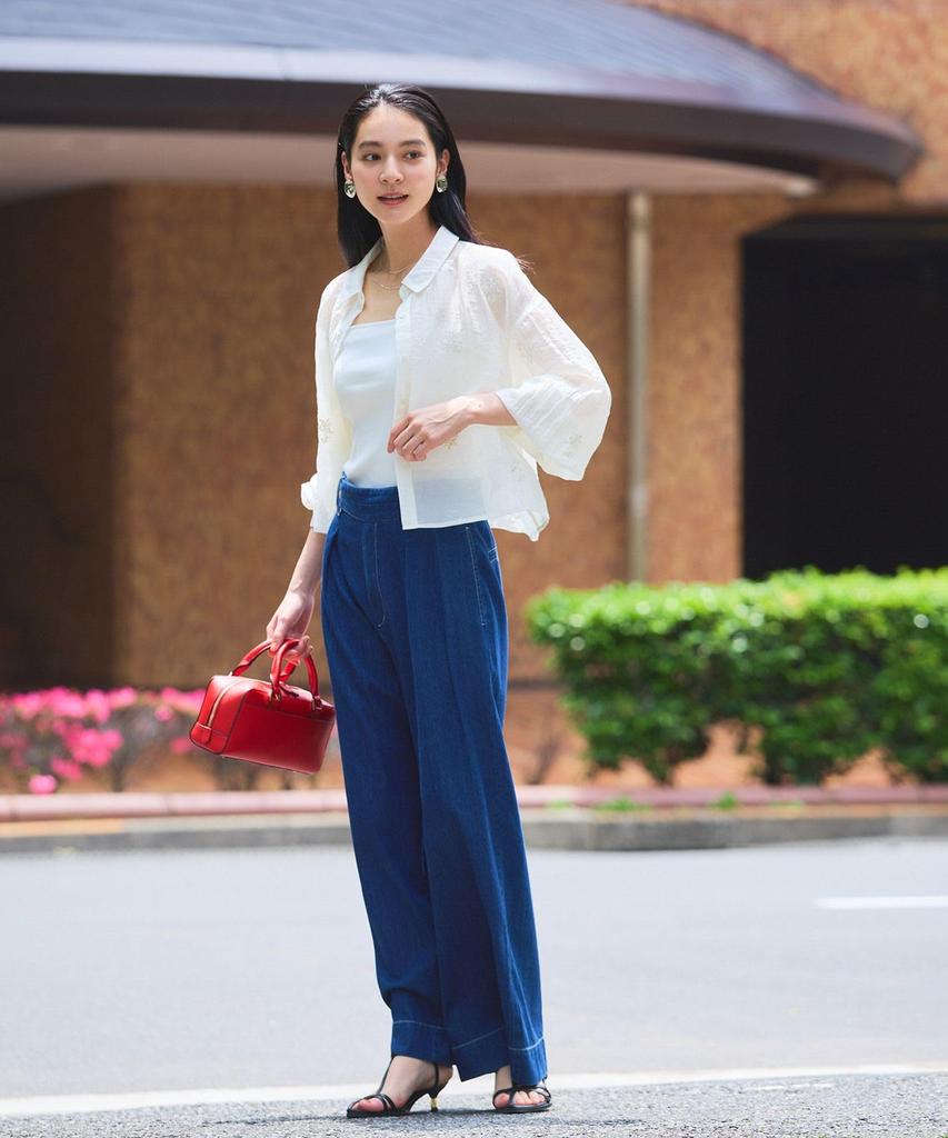 Blouse Floral Embroidered Shiny Sheer Blouse for White [BIS] [WEB Exclusive] Women, (11)