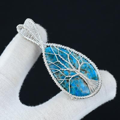 Neonblauer Apatit Anhänger Edelstein, Handgefertigter 925 Sterling Silber Anhänger, Schmuck mit Silberdraht umwickelt, Drahtumwickelter Lebensbaum-Schmuck