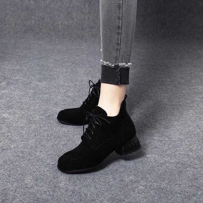 Women's boots 2025 autumn and winter new lace-up foreign black Martin boots straps matte sheepskin round head side zipper short boots