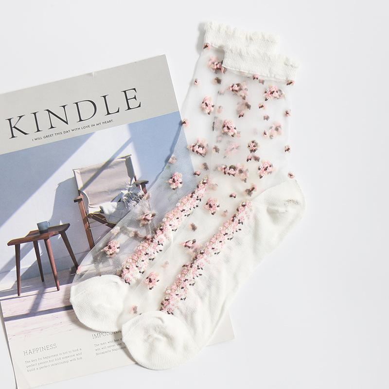 Breathable Ultra Thin Transparent Lace Socks Women Silk Crystal Rose Flower Embroidered Sox For Ladies Summer Fashion Elastic