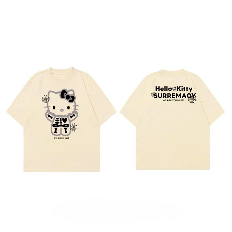 

100_ Pure Cotton American Niche Fun Hello Kitty Short-sleeved T-shirt for Men and Women, Loose and Slimming for Summer 4XL