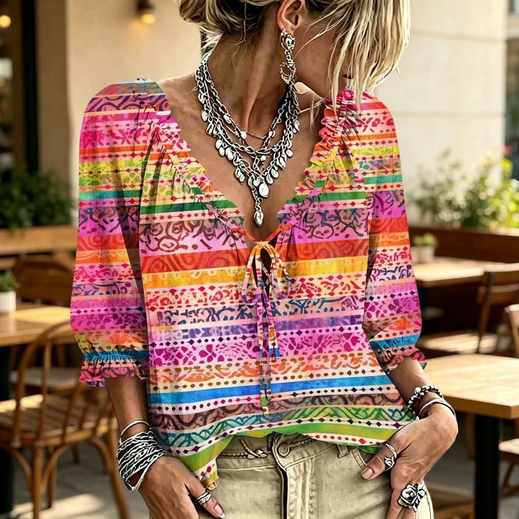 Women's Casual V-Neck Printed Tie Ruffle Blouse for Everyday Wear