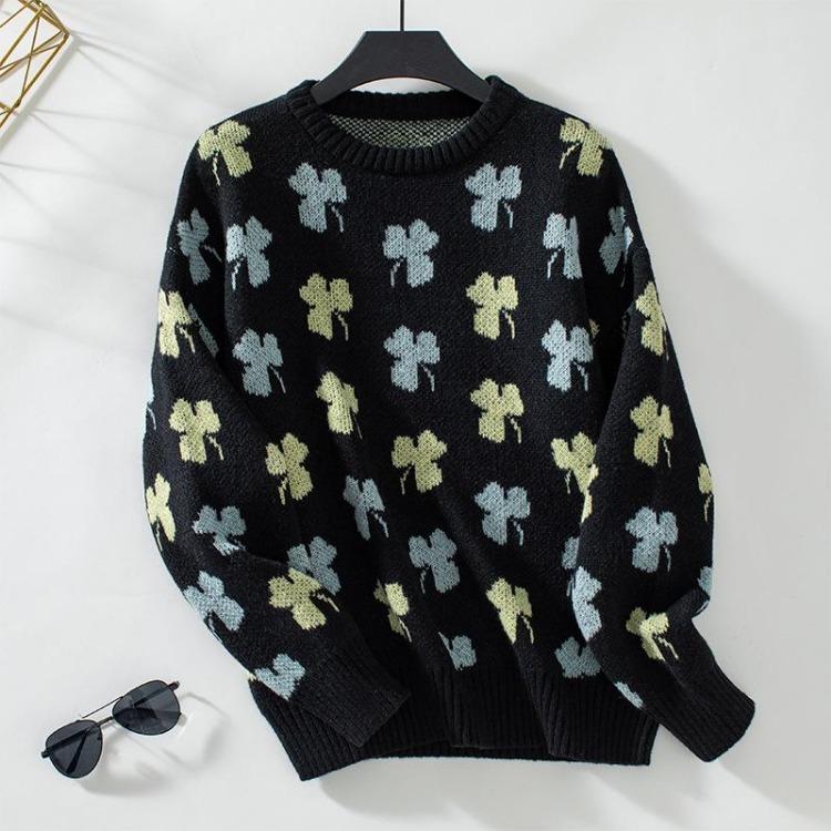 Vintage Print Loose Knitwear Cardigan Long Sleeve O Neck Sweater Autumn Winter Top