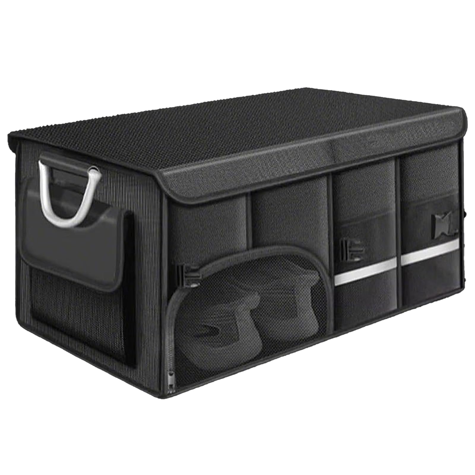 

72L Large Capacity Foldable Car Trunk Storage Box with Lid and 1680D Oxford Waterproof and with and 72L Capacity Handle, Cloth, Non-Slip, Dividers,