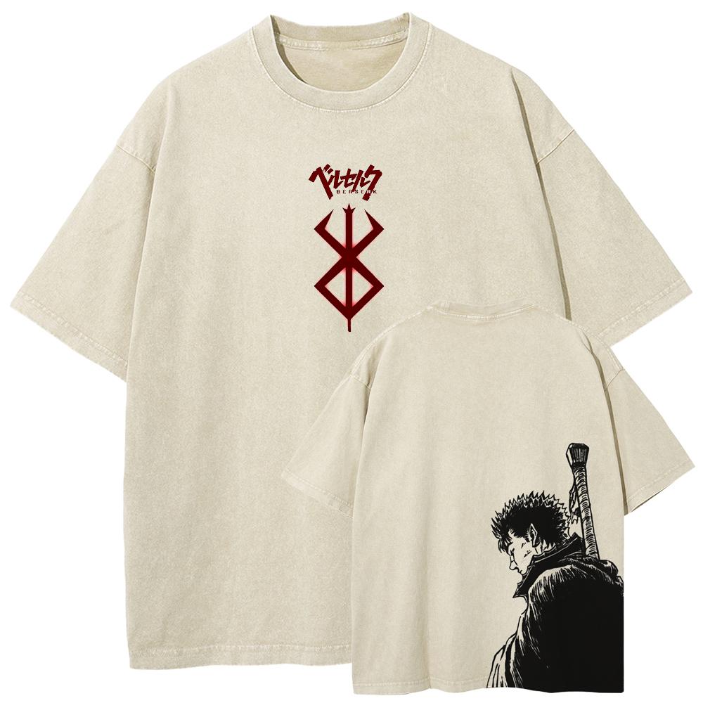 Berserk Guts T Shirt Manga Griffith Printed  T-shirt Men Unisex Clothes Street Vintage Washed Tshirt Short Sleeve Cotton Tees