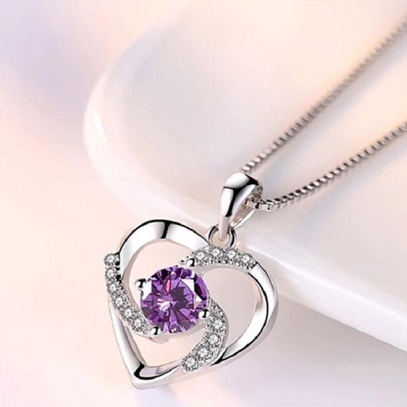 

Romantic 925 Sterling Silver Heart Shape Crystal Zircon Pendant Necklaces For Women Girls Wedding Party Trendy Jewelry Gifts фиолетовый