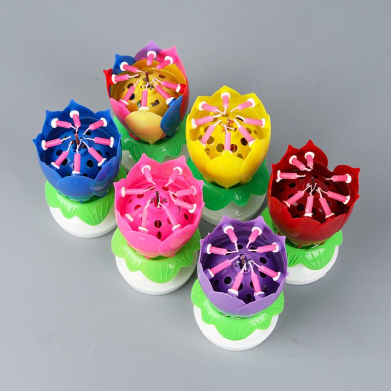 Musical Birthday Cake Candle Double Layer Lotus Flower Opening Rotating Candle For Birthday Cakes