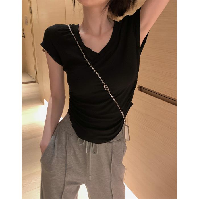 V-neck front shoulder short-sleeved T-shirt women's summer 2025 new slim-fitting and thin pleated solid color versatile short top