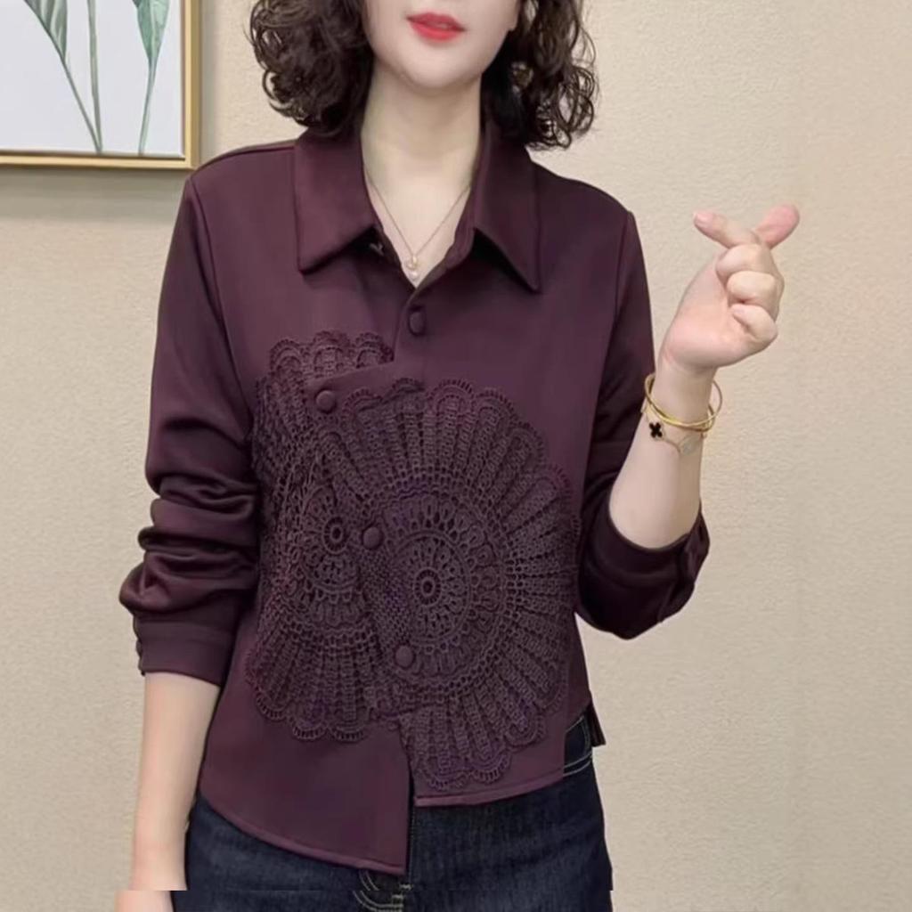 Women's Purple Lapel Embroidered Long Sleeve Shirt - Early Autumn 2026 Design, Slimming Fit