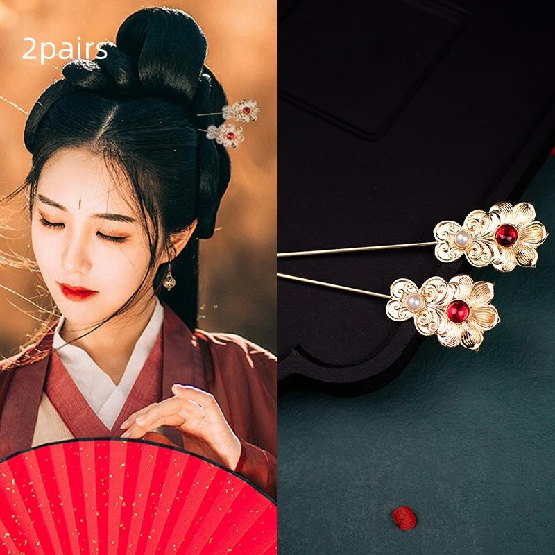 

2 пары Древняя китайская заколка для волос Жемчуг Классическая заколка для волос династии Тан Кисточка Элегантный цветок Гребень для волос