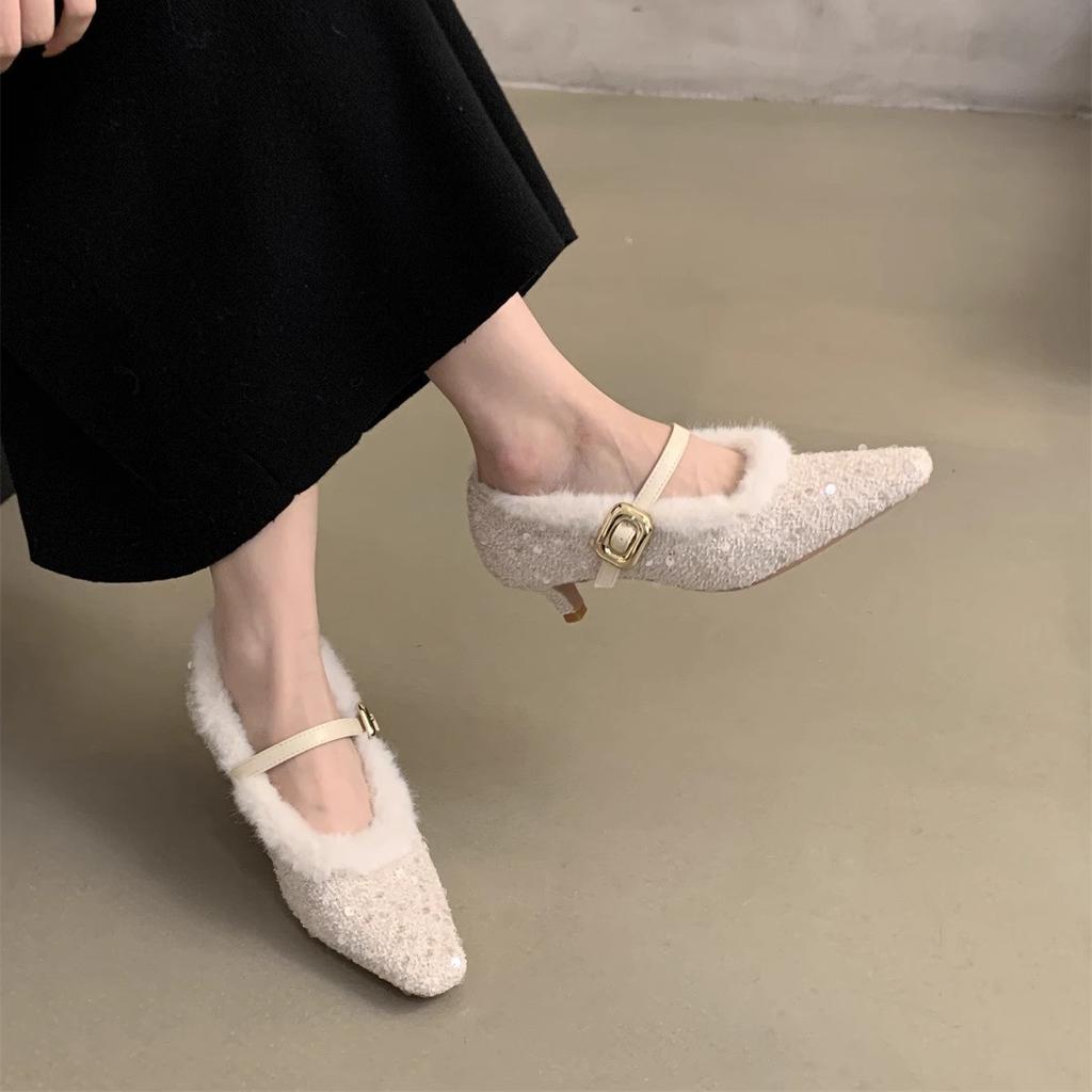 French fairy stiletto high heels 2025 Korean version of gentle temperament fluffy shoes women wear women's Mary Jane shoes