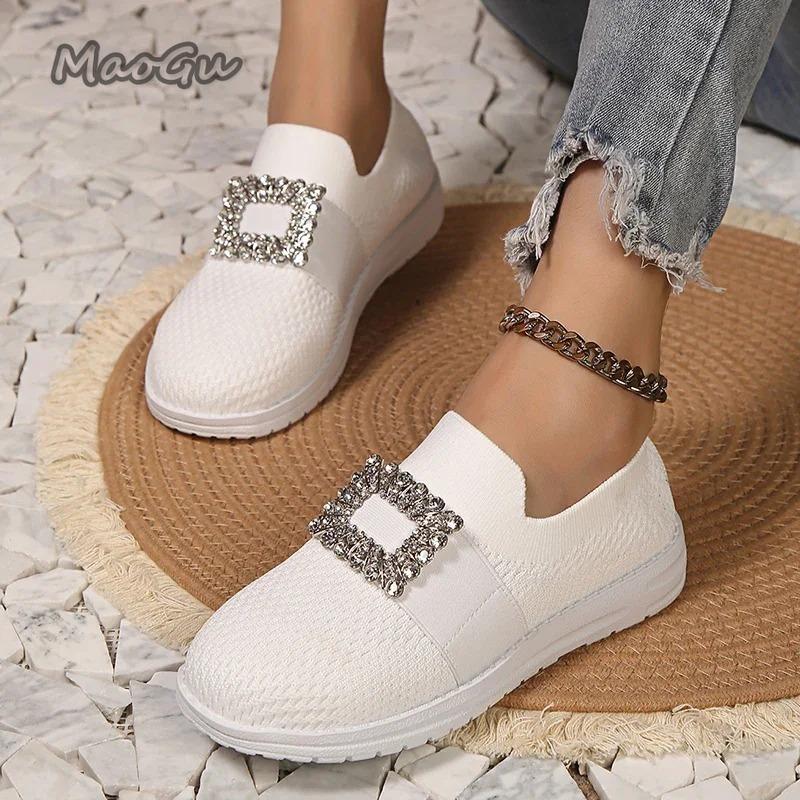 Modische Strass-Netz-Strick-Slipper für Damen Atmungsaktive Slip-On Casual Flats Damen Herbst 2025 Weiche Sohle Laufschuhe Größe 36 42