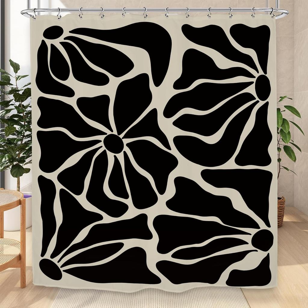 Abstract Matisse Flower Shower Curtain Retro Vintage Aesthetic Minimalist Black Modern Bathroom Set Accessories Decor with