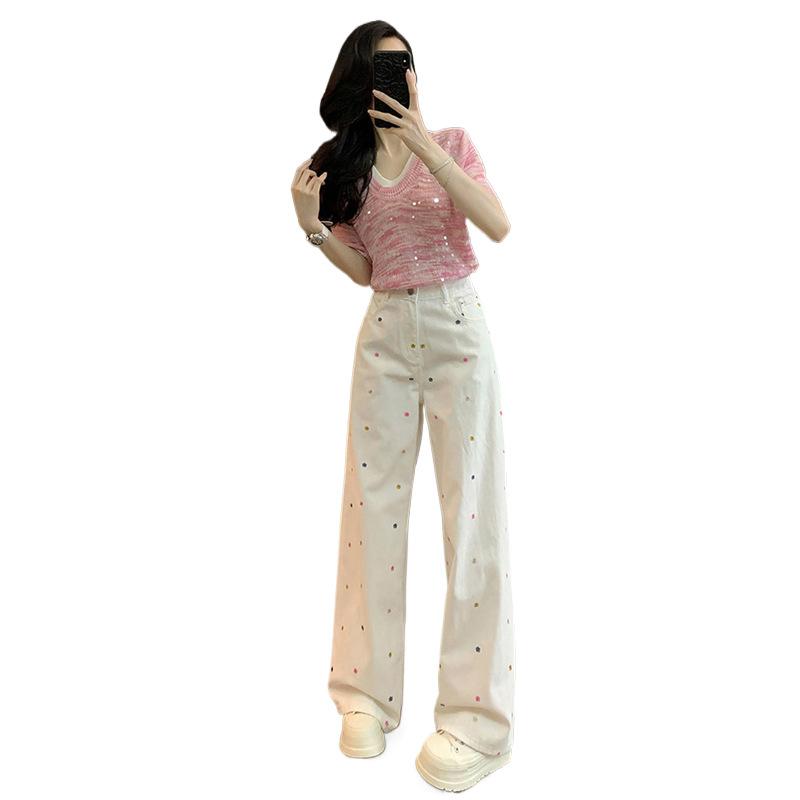 Autumn and winter Korean straight small white floral embroidered jeans women's loose casual versatile wide-leg pants