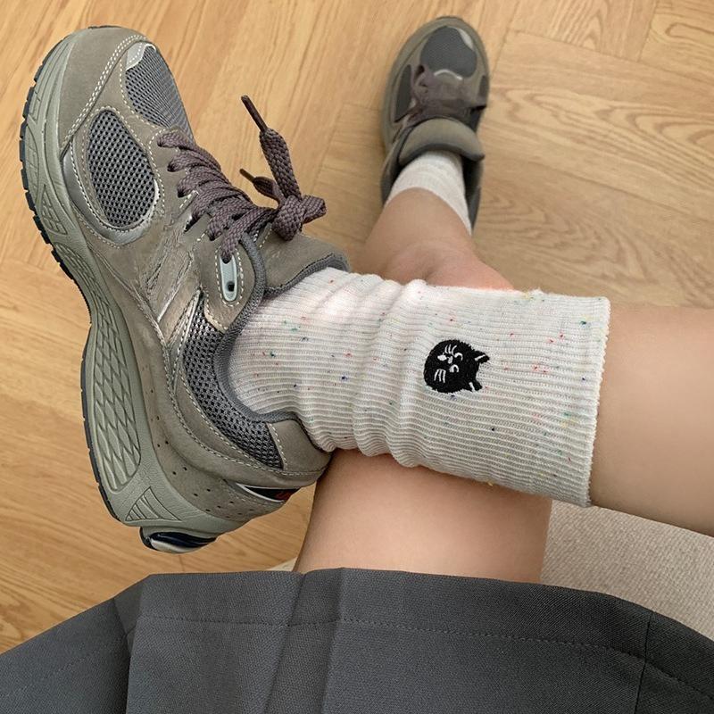 Spring and Summer Dot-yarn Embroidered Cute Dog Cartoon Socks, Women's Mid-calf Pile Socks, Trendy Pure Cotton, Versatile