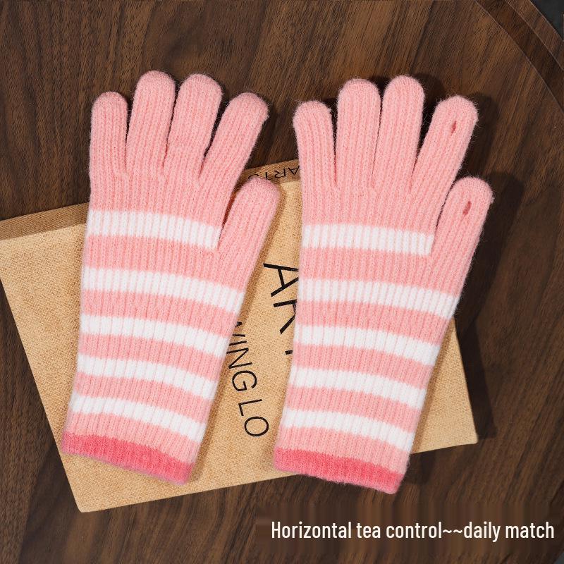 Gants d'hiver tactiles sans doigts rayés style coréen – Laine tricotée chaude, conception à cinq doigts pour le cyclisme et l'apprentissage