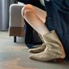 Retro Leather Suede Square Head Thick Heel Western Cowboy Boots Martin Boots Women'S Autumn And Winter New Belt Buckle Medium Boots