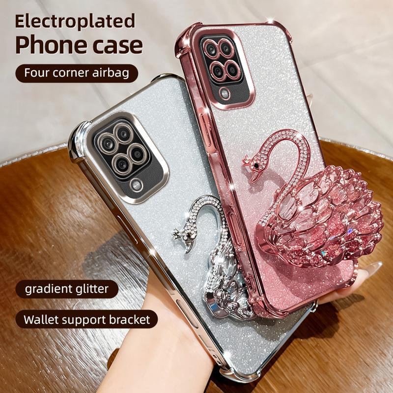 KEYSION Shockproof Plating Phone Case for Samsung A12 A22 4G Clear Soft TPU Glitter Jewelled Swan kickstand Back Cover for Galaxy M12